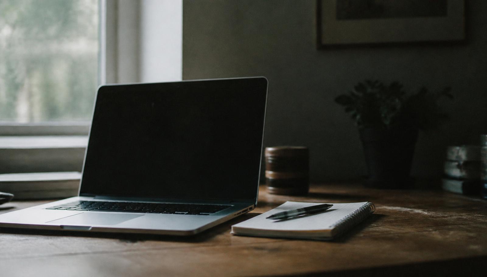 A laptop with a dark, switched-off screen on a wooden desk