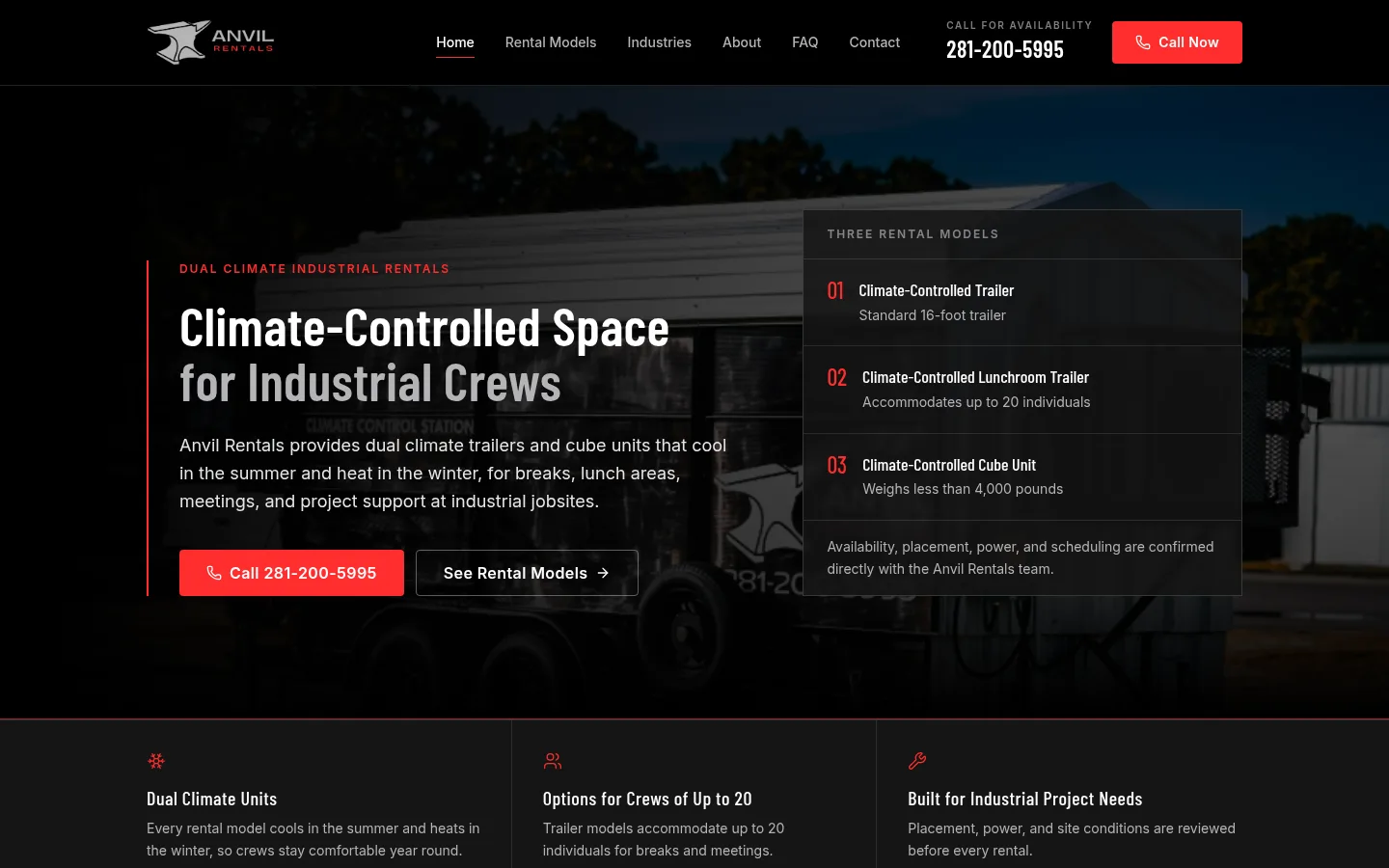 Anvil Rentals homepage listing three climate-controlled rental models beside a call button