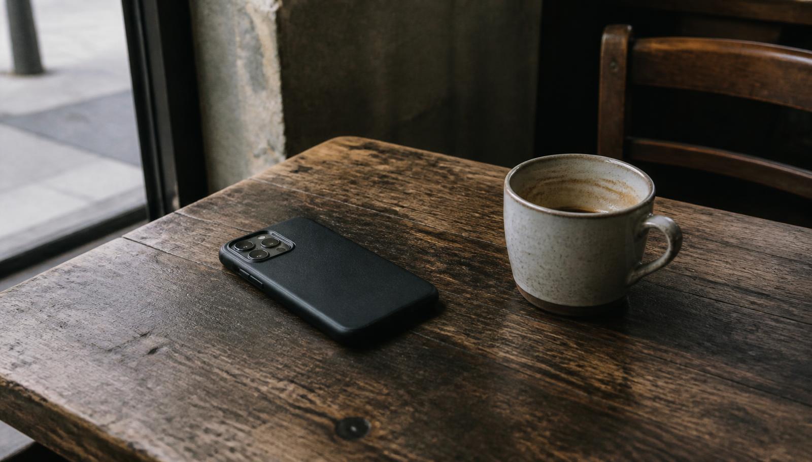 Smartphone resting face down beside a coffee cup on a worn cafe table