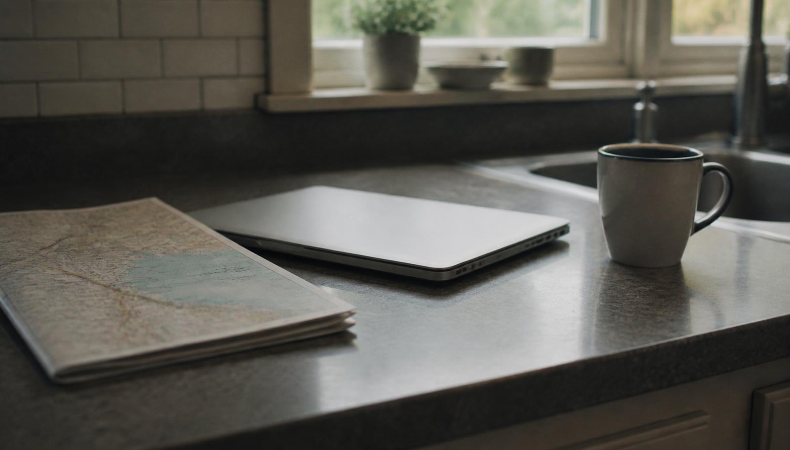 A closed laptop and folded paper map on a kitchen counter in morning light